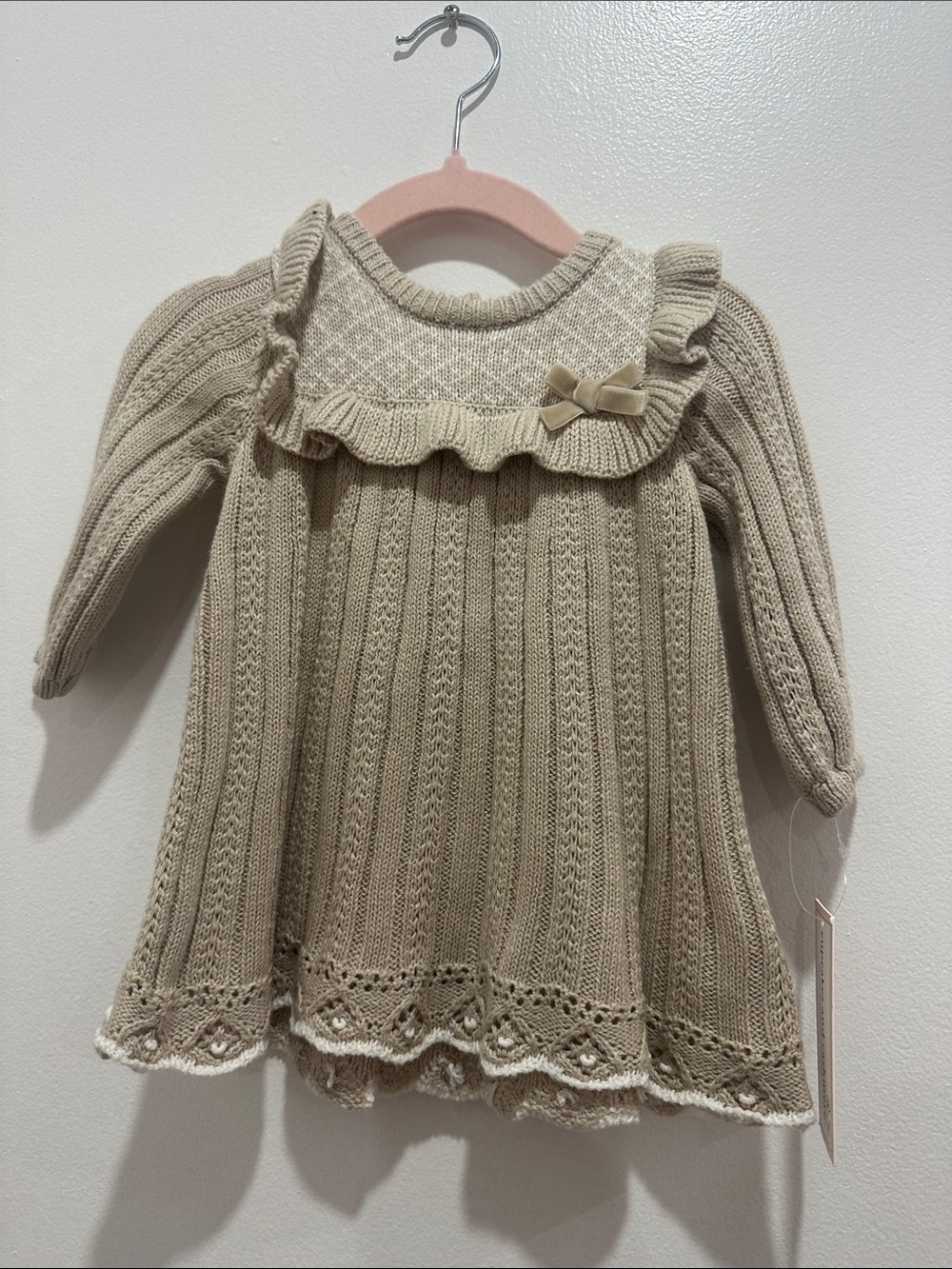 Girls Knit Ruffle Dress Top in Beige